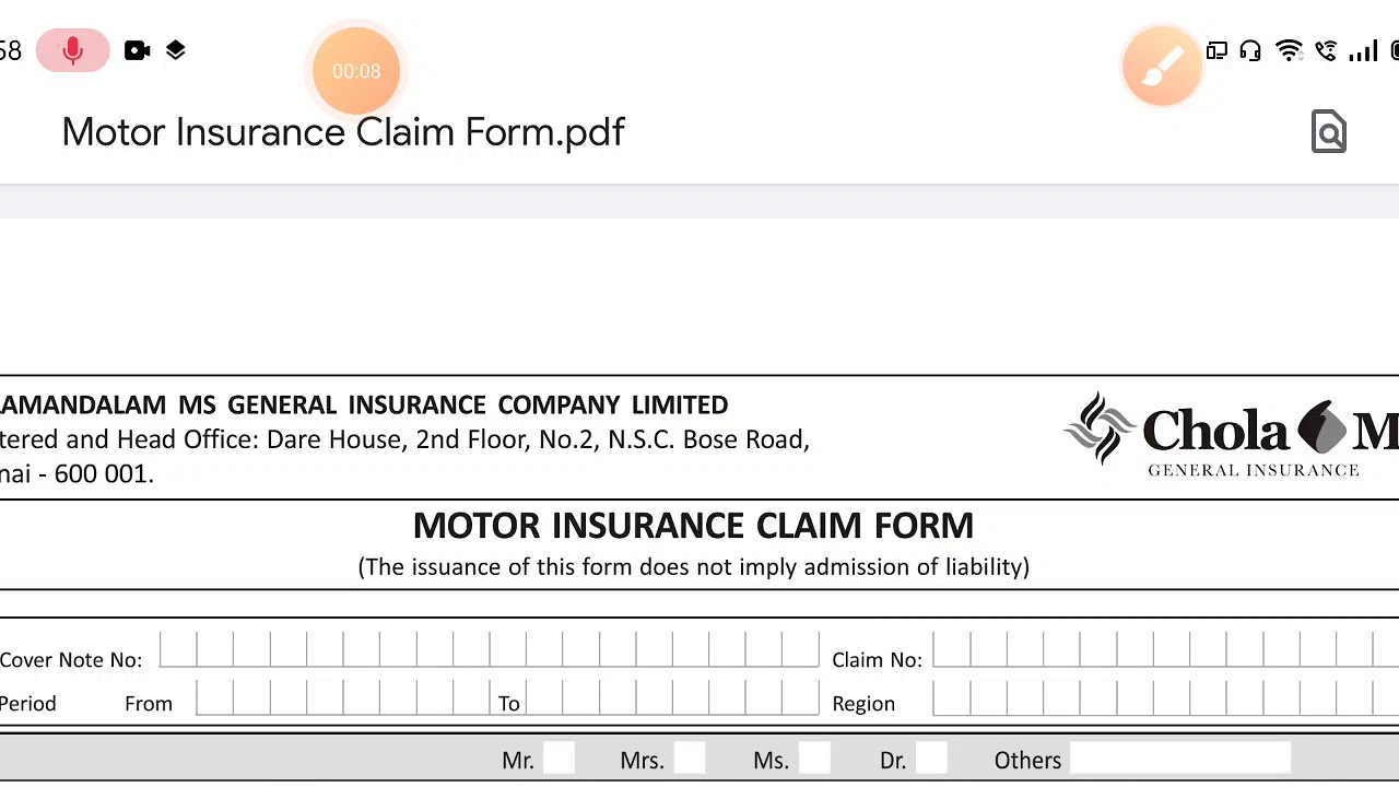 Cholamandalam Ms General Insurance Motor Claim Intimation Claim Form 7285