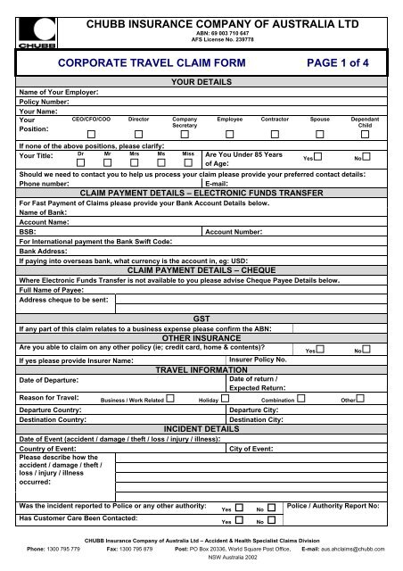  Chubb Travel Claim Form Office Of Financial Services