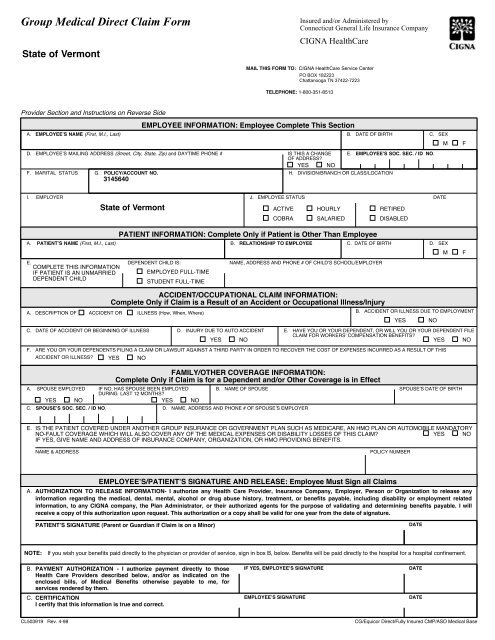 CIGNA Medical Claim Form Department Of Human Resources 