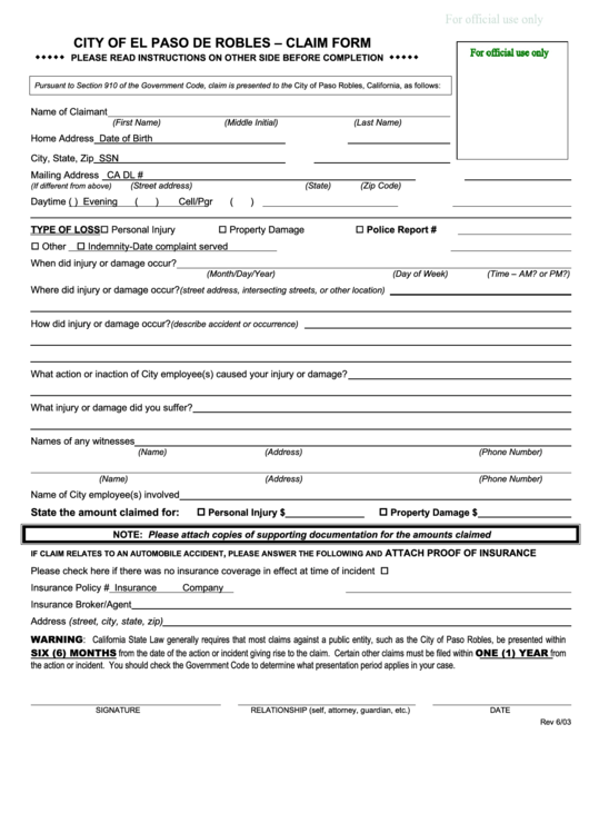 City Of El Paso De Robles Claim Form Printable Pdf Download