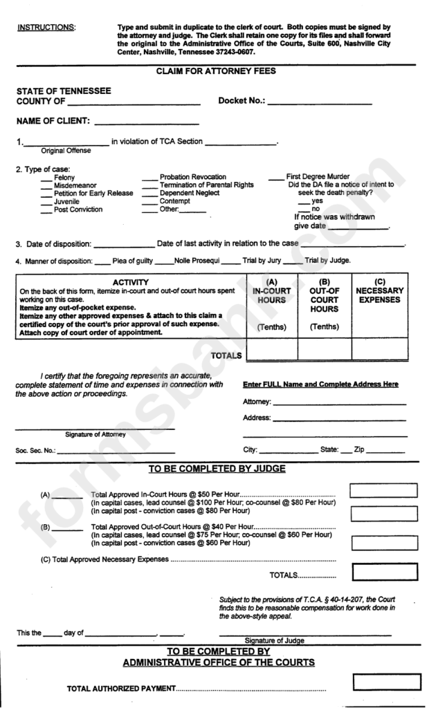 Claim For Attorney Fees Form Tennessee Printable Pdf Download