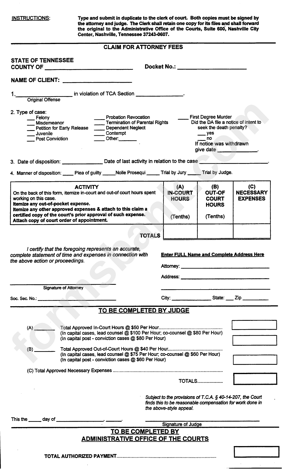 Claim For Attorney Fees Form Tennessee Printable Pdf Download