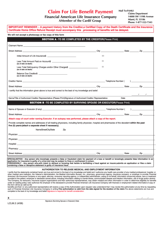 Claim For Life Benefit Payment Form Printable Pdf Download