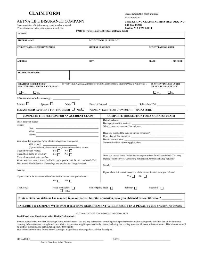 CLAIM FORM AETNA LIFE INSURANCE COMPANY