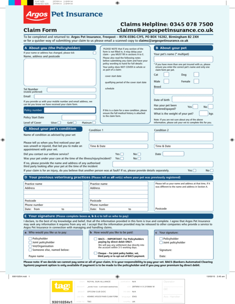 Claim Form Argos Pet Insurance