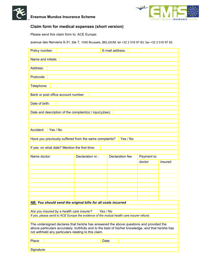Claim Form For Medical Expenses short Version 