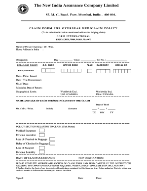 Claim Form Of New India Assurance Co Fill Online Printable Fillable 