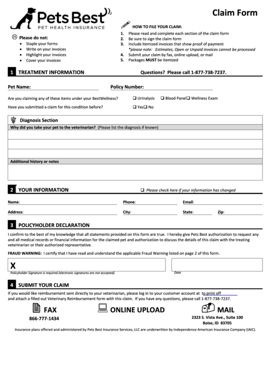 Claim Form Pets Best Printable Pdf Download