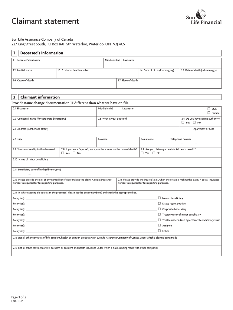 Claiment Statement Prosperity Life Insurance Fill Online Printable