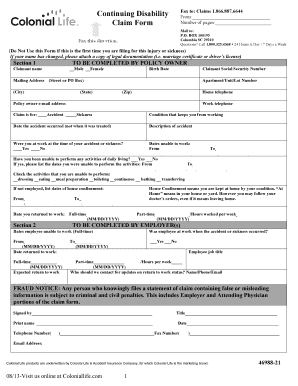 Colonial Life Continuing Disability Claim Form Fill And Sign 