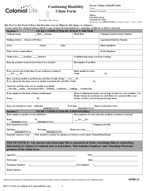 Colonial Life Continuing Disability Claim Form Fill And Sign