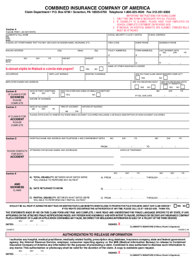 Combined Insurance Claim Forms Printable