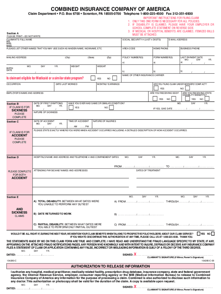 Combined Insurance Claim Forms Printable Fill Out Sign Online DocHub