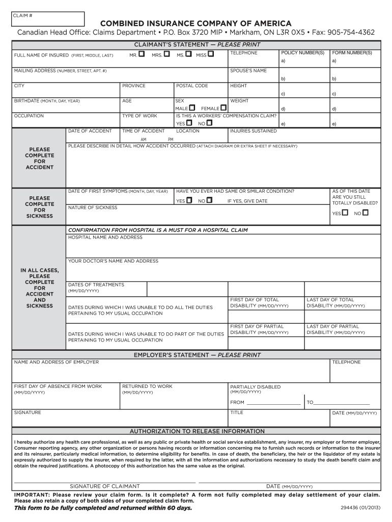 Combined Insurance Claim Forms Printable