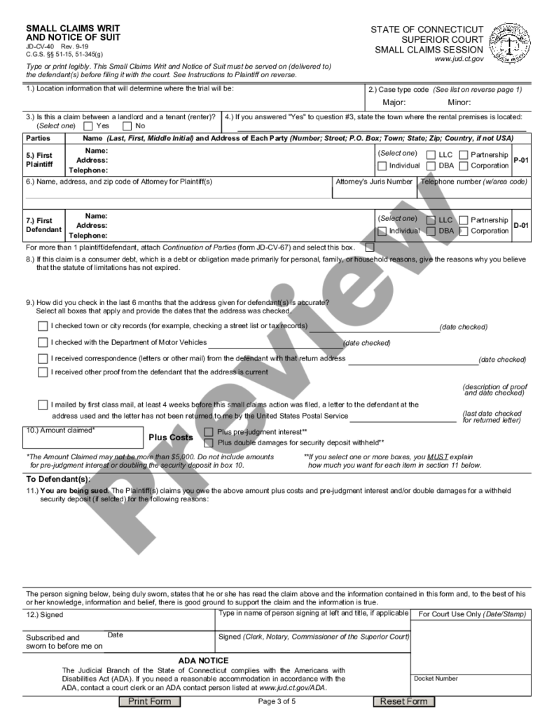 Connecticut Small Claims Writ And Notice Of Suit Small Claims Writ 