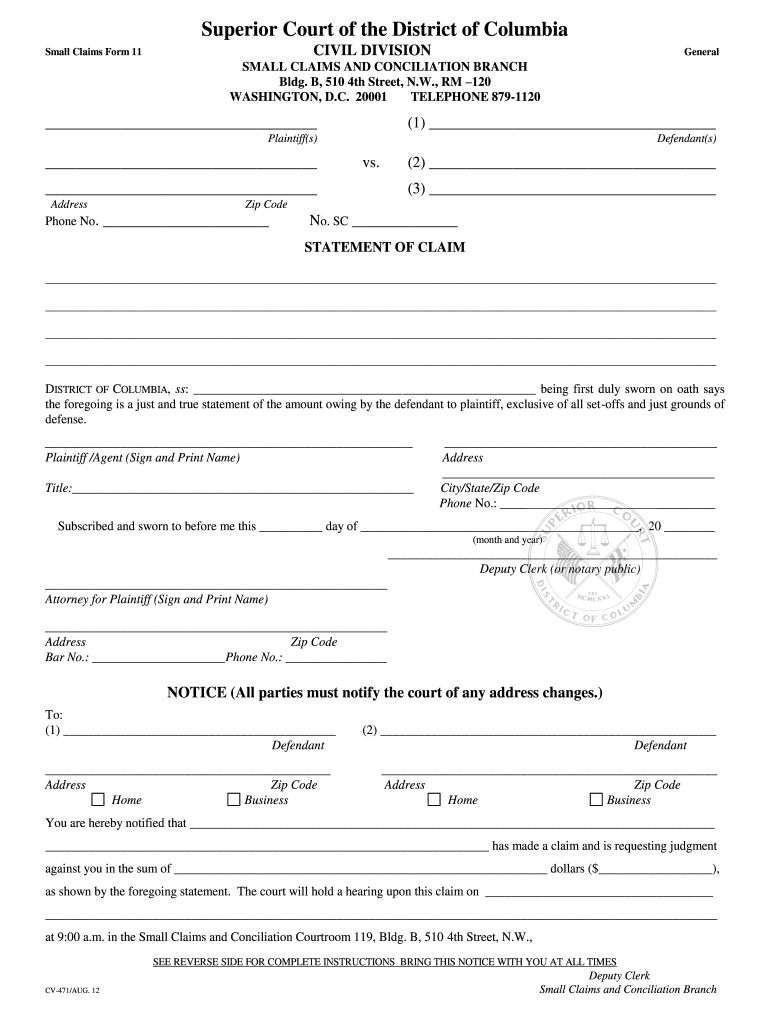 Dc Small Claims Court Form Cv 471 Fill Out Sign Online DocHub