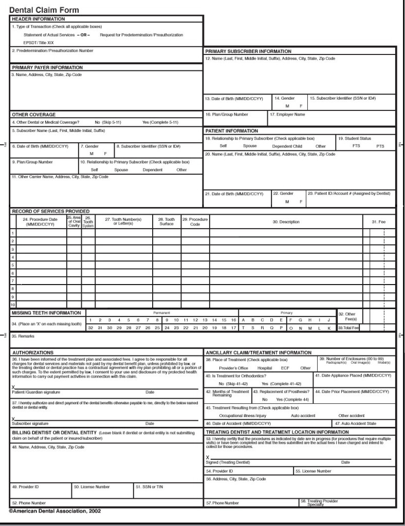 DCF 292 BLANK Continuous Dot Matrix Dental Claim Form BLANK