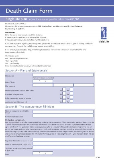 Death Claim Form Irish Life