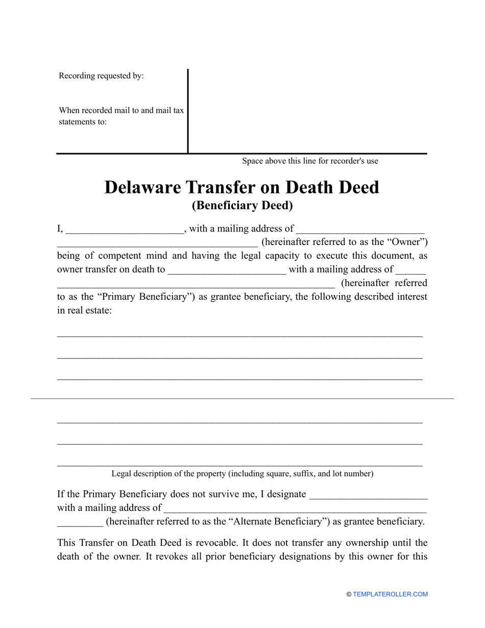 Delaware Transfer On Death Deed Form Download Printable PDF 