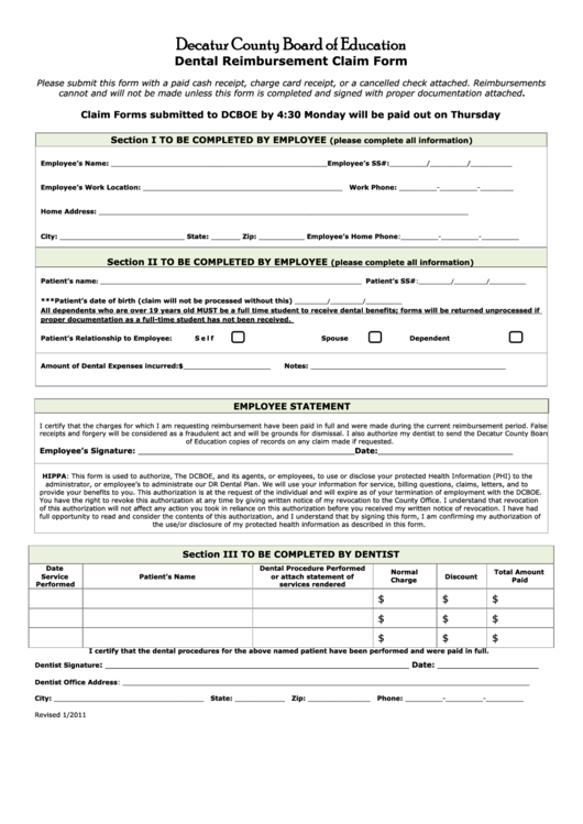 Dental Reimbursement Claim Form Decatur County Board Of Education