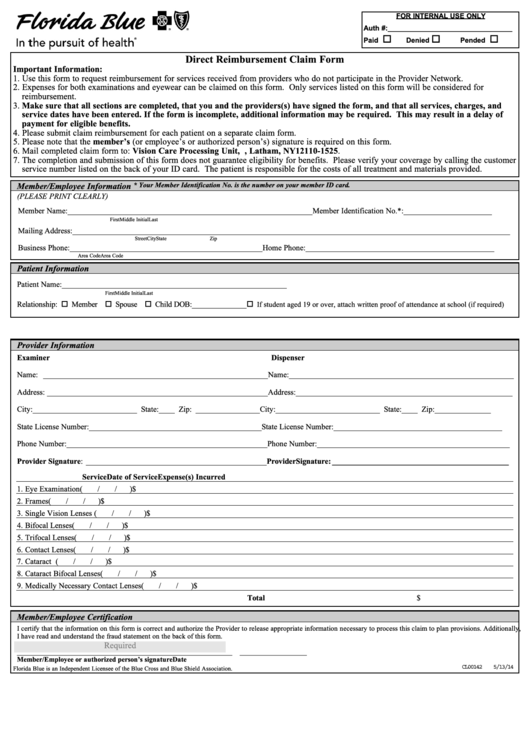 Direct Reimbursement Claim Form Florida Blue Printable Pdf Download