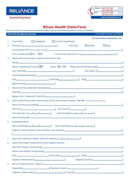 Download Claim Form Reliance General Insurance