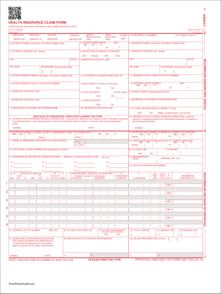 Download Fillable CMS Claim Form 1500 PDF FreeDownloads