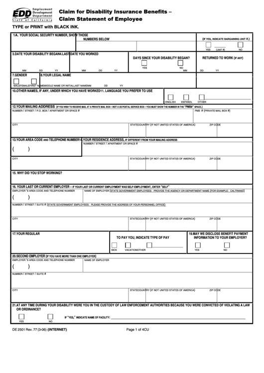 Edd Disability Claim Form De 2501 Form Resume Examples J3dwwpadlp 