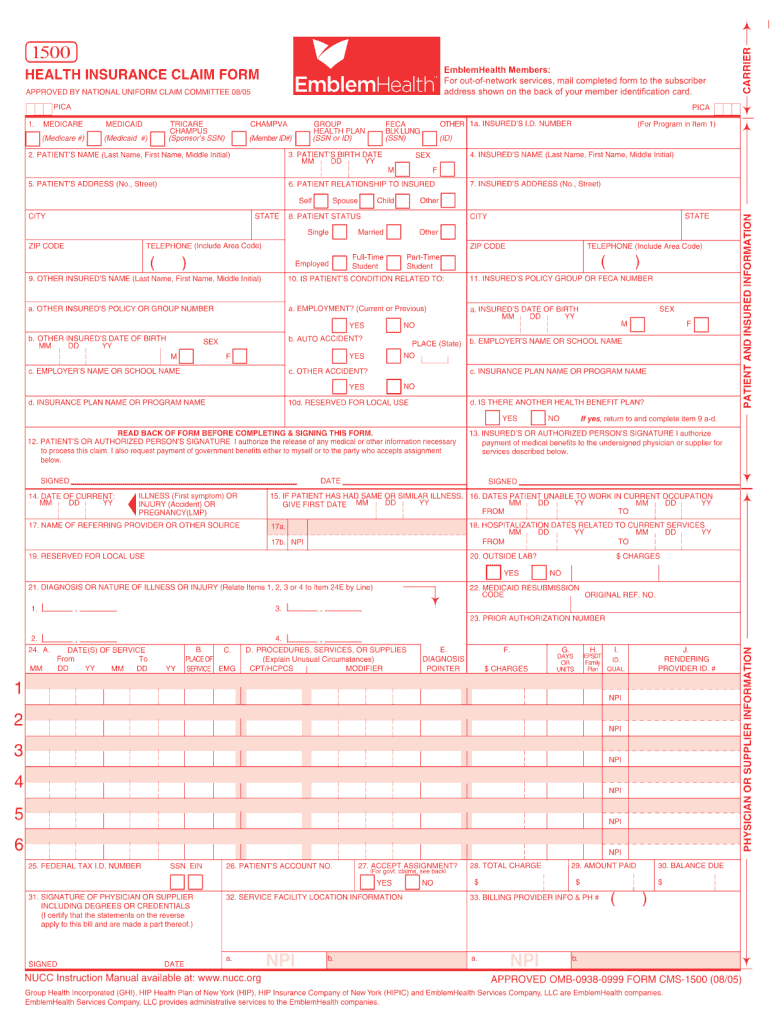 Emblem Health 1500 Health Insurance Claim Form Fill Out And Sign