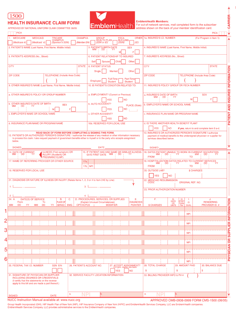 Emblem Health 1500 Health Insurance Claim Form Fill Out And Sign 