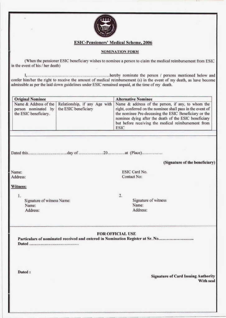 ESIC Pensioner Medical Scheme Facility Of Nomination To Claim 