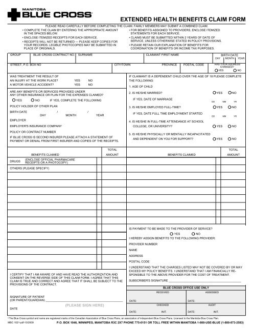 EXTENDED HEALTH BENEFITS CLAIM FORM Manitoba Blue Cross