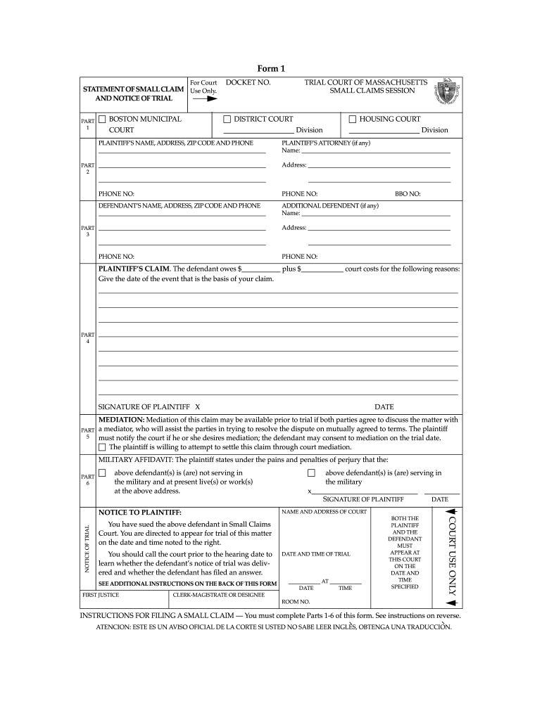 File Small Claims Massachusetts Fill Out And Sign Printable PDF 