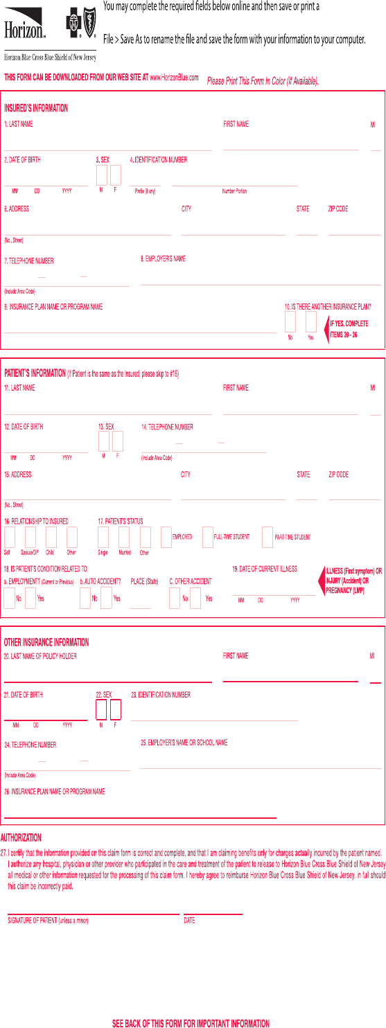 Fill Free Fillable Horizon bcbs claim form medical hmo pos direct