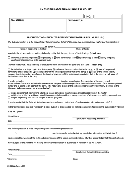 Fillable Appointment Of Authorized Representative Form Rules 102 And 