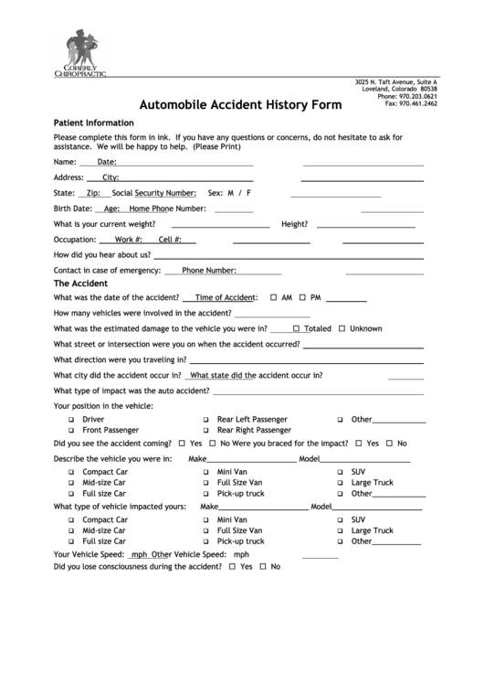 Fillable Automobile Accident History Form Printable Pdf Download