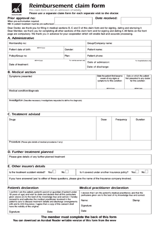 Fillable Axa Reimbursement Claim Form Printable Pdf Download