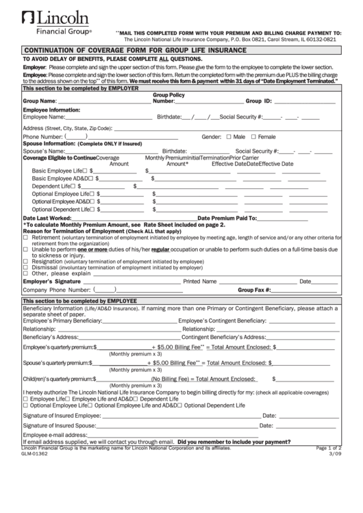 Fillable Continuation Of Coverage Form For Group Life Insurance Form 