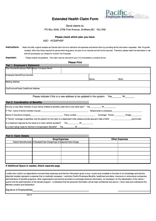 Fillable Extended Health Claim Form Pacific Employee Benefits Printable