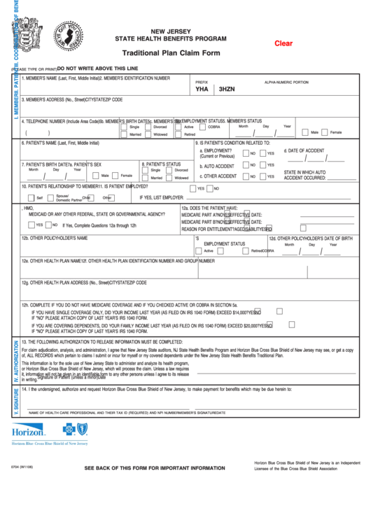 Fillable Form 0704 W1106 Traditional Plan Claim Form Horizon Blue 
