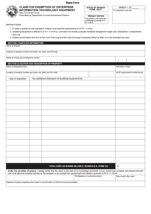 Fillable Form 103 It Claim For Exemption Of Enterprise Information 