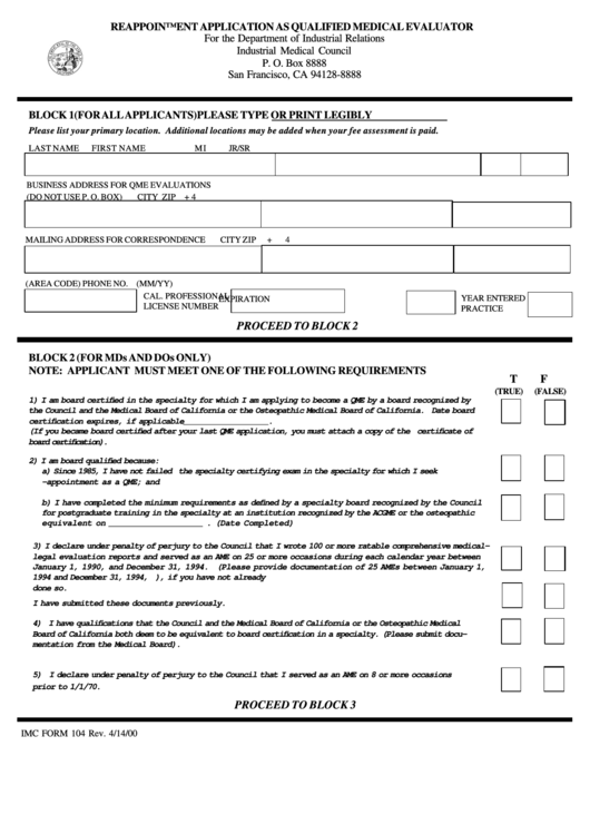 Fillable Form 104 Reappointment Application As Qualified Medical 