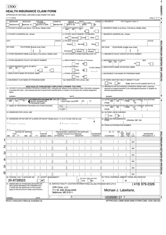 Fillable Form 1500 2005 Health Insurance Claim Form Printable Pdf