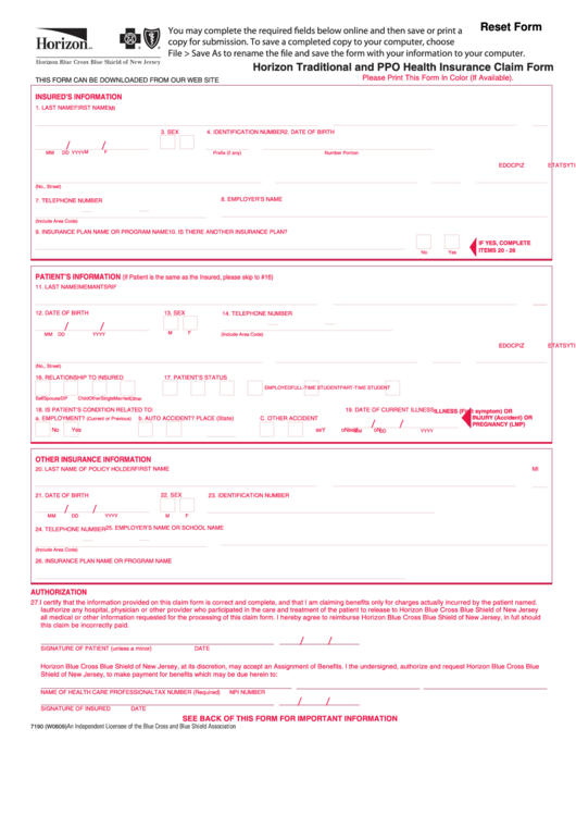 Fillable Form 7190 Horizon Traditional And Ppo Health Insurance Claim 