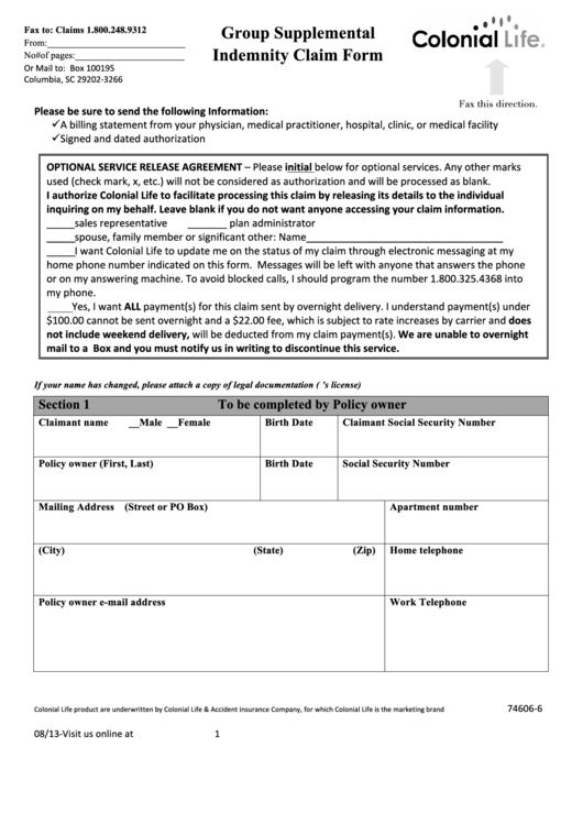 Fillable Form 74606 6 Colonial Life Accident Group Supplemental