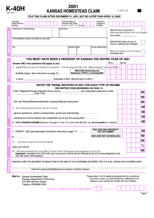 Fillable Form K 40h Kansas Homestead Claim 2001 Printable Pdf Download