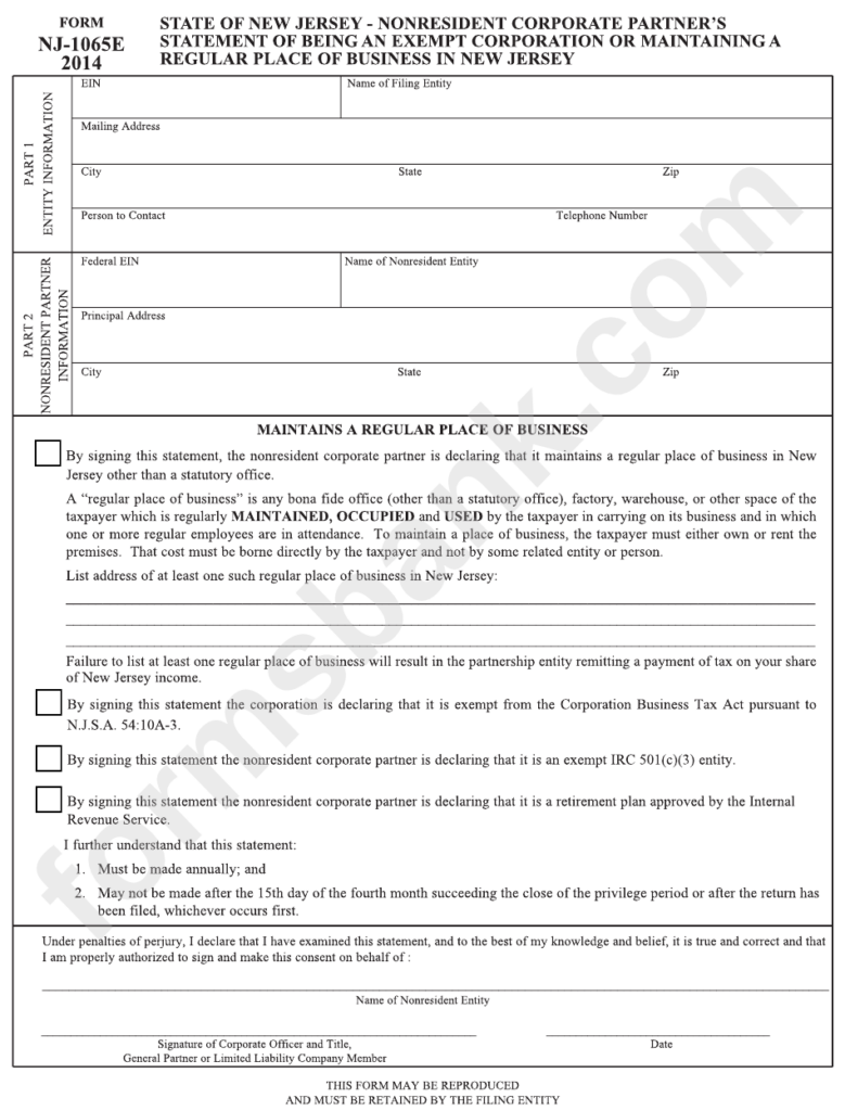 Fillable Form Nj 1065e Statement Of Being An Exempt Corporation Or 