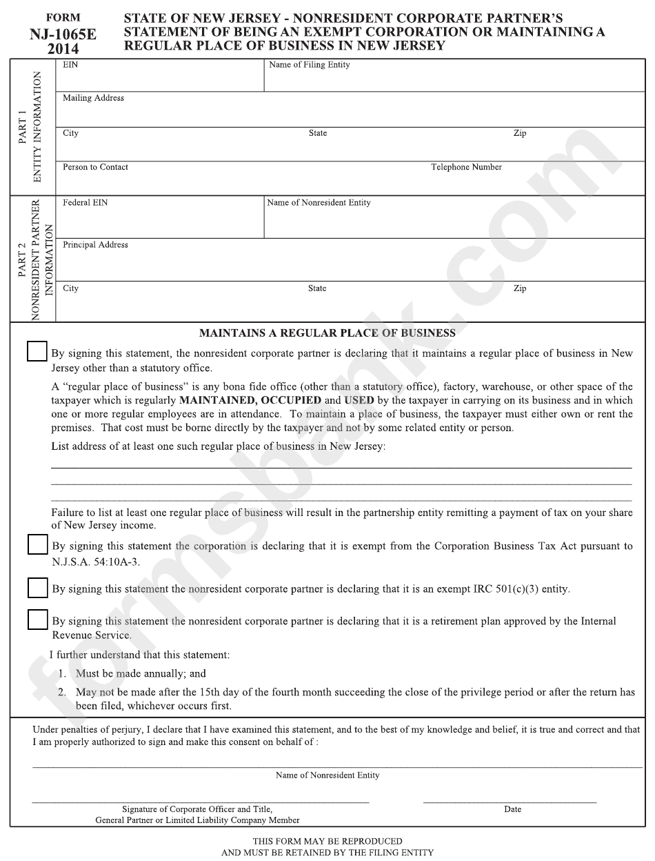 Fillable Form Nj 1065e Statement Of Being An Exempt Corporation Or 