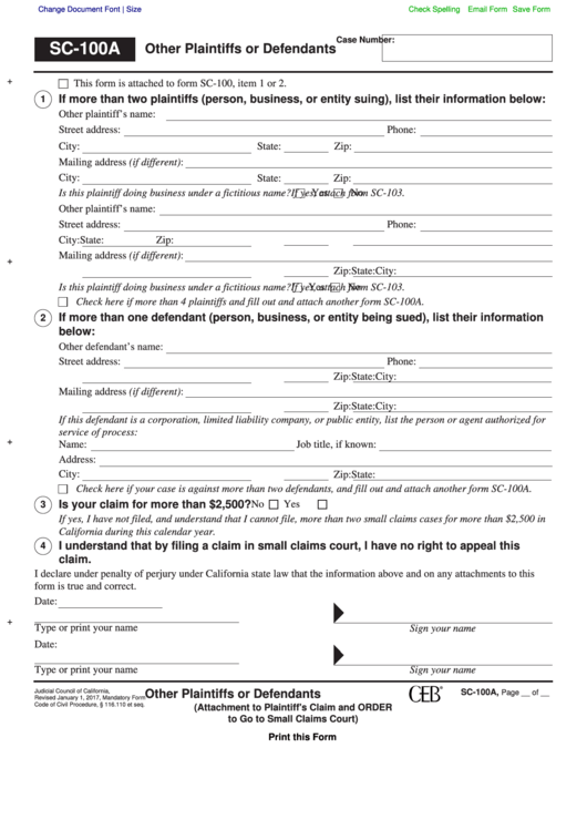 Fillable Form Sc 100a Other Plaintiffs Or Defendants Printable Pdf 