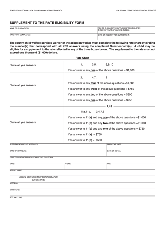 Fillable Form Soc 836 Supplement To The Rate Eligibility Printable